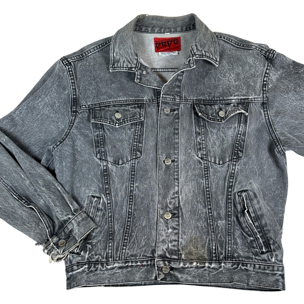 Vintage black Acid Wash‎ Denim Jacket Distressed Trucker grunge 90s Pepe jeans